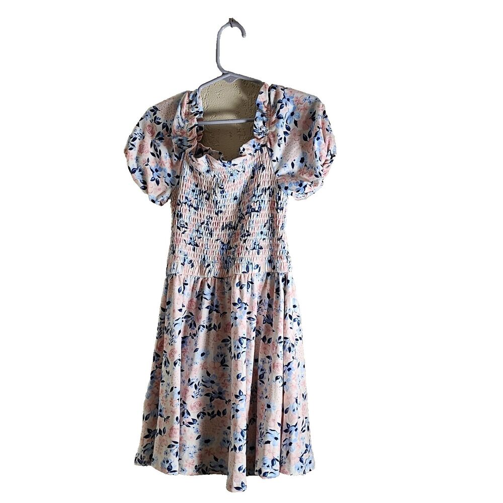 BCBG Pink And Blue girls smocked floral dress pre-owned XS size 5/6